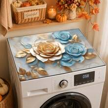Luckybutterfly 1PC Luxury Blue & Gold 3D Rose Print Washing Machine Top Cover Pad, Anti-Slip Anti-Dust Countertop Protector, Laundry Room Decorative Table Mat - Multicolor - View 1