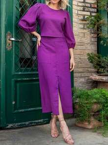 Women's Spring/Autumn Elegant Fashion Solid Color Round Neck Lantern Sleeve Top With Front Slit Pocket Skirt Set - Violet Purple - View 5