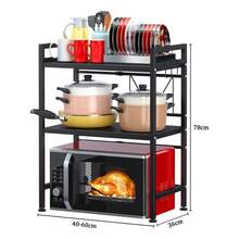 Rejilla extensible de 3 niveles para horno microondas de cocina color negro, organizador multifuncional para electrodomésticos, platos, especias y utensilios, diseño ajustable que aprovecha el espacio vertical de la encimera, estructura resistente y estable, ideal para cocinas pequeñas, fácil de montar y limpiar, - Negro - Ver 2