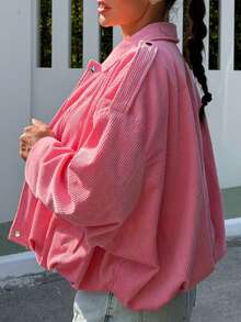 Jaket Penerbangan Wanita Warna Pink Bergaris, Bahan Poliester, Lengan Panjang, Kerah Berlipat, Panjang Standar, Potongan Longgar Kasual, Detail Patchwork - Berwarna merah muda - View 6