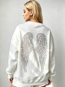 Women's Oversized Angel Wings Print Hoodie - Black Y2K Back Graphic Pullover,  Fall Winter  Streetwear , Comfy Oversized Silhouette2026 - 白色2 - 查看 2