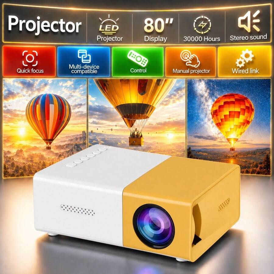 ZZPQVT 可攜式投影機，支援 1080P，USB 供電，內建立體聲喇叭，梯形校正，附遙控器，相容多種裝置，家用劇院戶外露營電影投影機，提升您的電影、電視與遊戲體驗