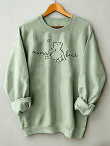 Women's Casual Fleece-Lined Sweatshirt - Heather Gray With Cute Line Art Bear & "Mama Bear" Text, Ribbed Cuffs, Relaxed Fit, Machine Washable - 綠色 - 查看 1