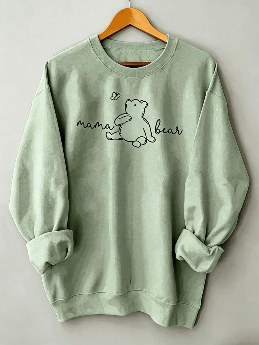Women's Casual Fleece-Lined Sweatshirt - Heather Gray With Cute Line Art Bear & "Mama Bear" Text, Ribbed Cuffs, Relaxed Fit, Machine Washable - 綠色 - 查看 1