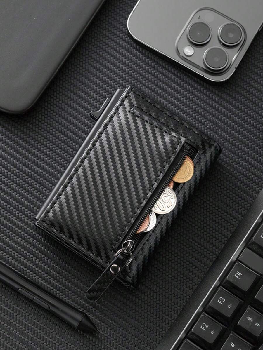 3/1pc Men's Carbon Fiber PU Pop‑Up Wallet, Zipper Coin Pocket Trifold Purse, Multi‑Card Slots Slim Purse For Business Daily Use