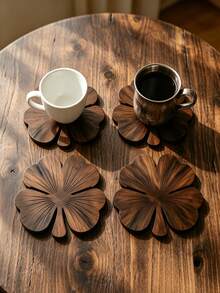 1/4/8pcs Clover Wooden Coaster Set, 4pcs Walnut Color Coasters, Luxury Coffee Tea Cup Desktop Protection Coaster Set, Heat-Insulating Mat, Beverage Mat, Suitable For Home Bar And Country Style Home Decor Gift - Multicolor - View 6