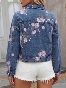 Jaket Denim Wanita Lengan Pendek Panjang Bermotif, Katun Berkualitas untuk Liburan Kasual - Biru - View 5