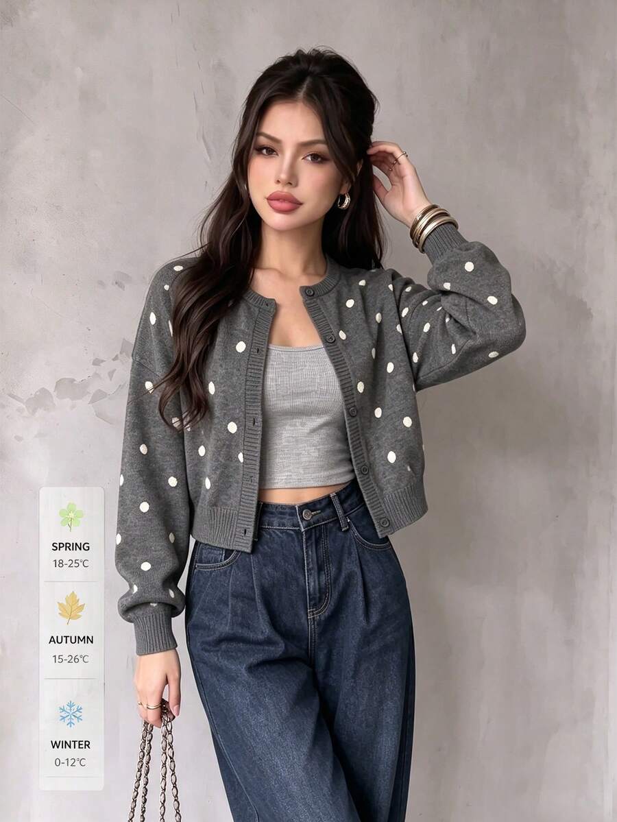 SUNSTORY Autumn Grey Polka Dot Round Neck Short Knit Cardigan, Dropped Shoulder Long Sleeve Single-Breasted Sweater Jacket, Casual Basic Denim Style, Suitable For Commuting, Outings, Daily Wear