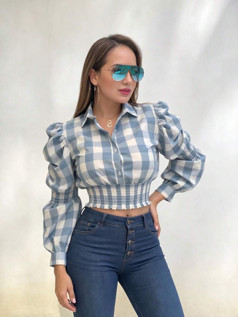 Women Gingham Petal Sleeve Collared Smocked Hem Crop Blouse Casual Long Sleeve Plaid Shirt Top - Multicolor - View 1