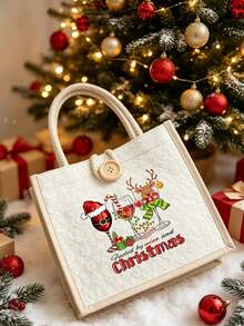 Beige Linen Tote Bag With Christmas Wine Glass & Reindeer Print, Suitable For Christmas Gifts, Travel And Daily Use - Multicolor - View 7