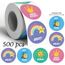 500pcs Cartoon Reward Doodle Roll Stickers, 1 Inch Round, 3 Styles To Choose From, Cute Cartoon Animal, Rainbow Trophy Elements "Great" "Good Job" "Awesome" "You Did It", Suitable For Baking Gift Box Sealing, Party Favor Packaging, Scrapbooking, Children's Reward Stickers, Creative Express Packaging, Market Stall Decoration - Multicolor - View 12