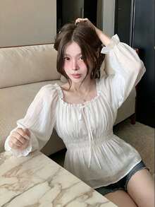 女款純色露肩前綁帶長袖收腰優雅襯衫 白色 - 白色 - 查看 4