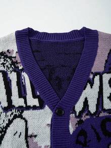ANDREILEE Men's New Halloween Autumn Winter Casual Loose Minimalist V-Neck Button-Up Cardigan Sweater With Cute Cartoon Pattern And English Letter, Long Sleeve Knit Jacket - Purple - View 5