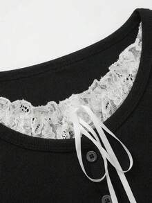 Lace Patchwork Single-Breasted Long Sleeve T-Shirt Casual Spring Black - Black - View 5