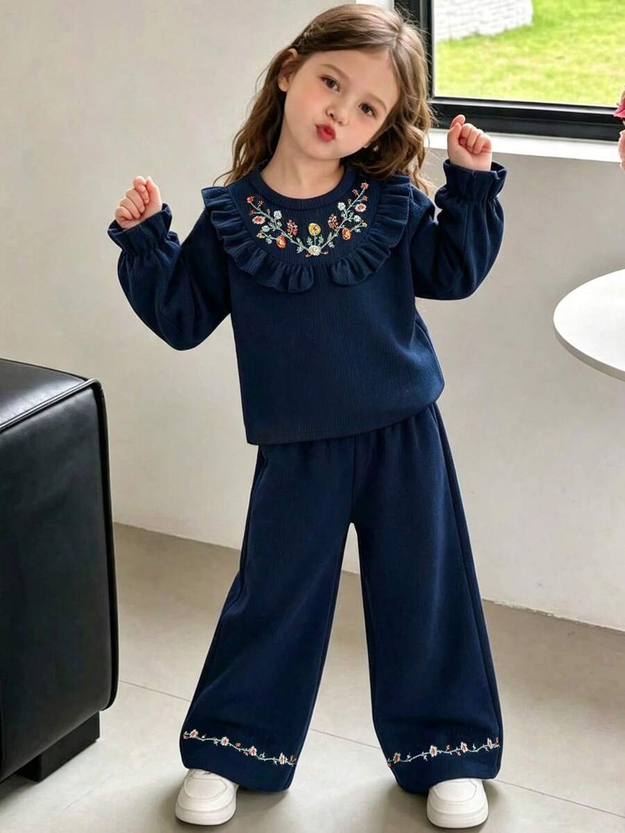 4-7 Years Old Girls Set, Floral Embroidery Ruffle Round Neck Long Sleeve Top With Straight Leg Pants Fashion Set, Suitable For Daily Wear/School/Party - Navy Blue - View 1