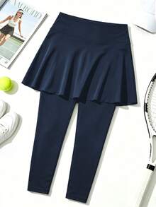Plus Size Women's High Waist Tight Leggings, 2-In-1 Pants, With Inner Pockets, Capri Yoga Pants, Suitable For Sports, Tennis And Golf - Navy Blue - View 7