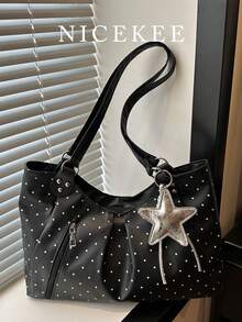 Nicekee Contrasting Polka Dot Pleated Tote Bag, Paired With Star Hanging Decorations, Large Capacity Casual Versatile Shoulder Bag, Suitable Commuting - Multicolor - View 2