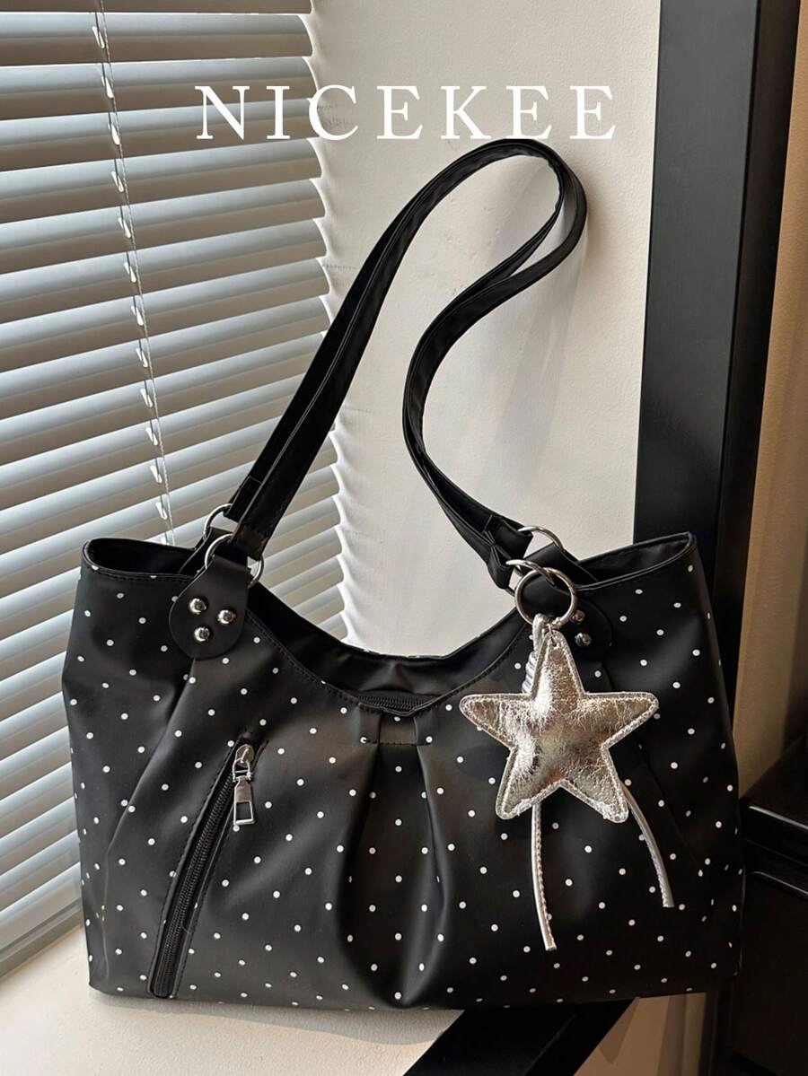 Nicekee Contrasting Polka Dot Pleated Tote Bag, Paired With Star Hanging Decorations, Large Capacity Casual Versatile Shoulder Bag, Suitable Commuting