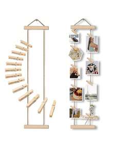 1 Conjunto Decoração de Parede de Fotos Estilo Boêmio em Madeira Natural, Suporte de Exibição de Fotos Sem Furos, Inclui 15 Clipes, Moldura de Fotos Vertical Rústica, Adequado para Quarto, Dormitório ou Apartamento, Presente Atencioso para Família e Amigos, Suporte de Exibição de Fotos Memorial para Casa - Multicolorido - Visão 6
