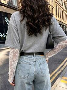 New Fashion Lace Patchwork Loose Colorblock T-Shirt, Solid Color Knit Fabric Lace Patchwork T-Shirt, Casual Style For Campus, Daily, Street, Back To School, Party - Grey - View 2