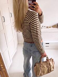 Women's Knitted Striped Long Sleeve Pullover Sweater , Vacation , Fall Winter, Office - Coffee Brown - View 6
