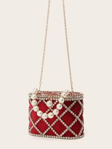 Fashionable Elegant Party Evening Diamond Metal Handbag - Red - View 6