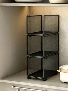 A Stackable Kitchen Storage Basket, Stackable Grid Layered Storage Rack, Vertical Stacking Cabinet Storage Basket, Kitchen Paper, Cling Film, Seasoning Bottle, Household Cabinet Storage And Organizing Accessories Combination Set - one-size - View 9
