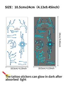 3Sheets Large Luminous Sci-Fi Machinery Design Temporary Tattoo Stickers For Men Women,Waterproof Female Robot Cyberpunk Futuristic Mechanical Line Pattern Glow In Dark Temporary Tattoos Cosplay Mech Party Body Decoration Stickers,Halloween Costume - Multicolor - View 5