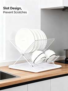 X-Shaped Foldable Kitchen Dish Drying Rack, 2-Tier Bowl & Plate Storage Rack With Drip Tray, Utensil Organizer - Multicolor - View 4