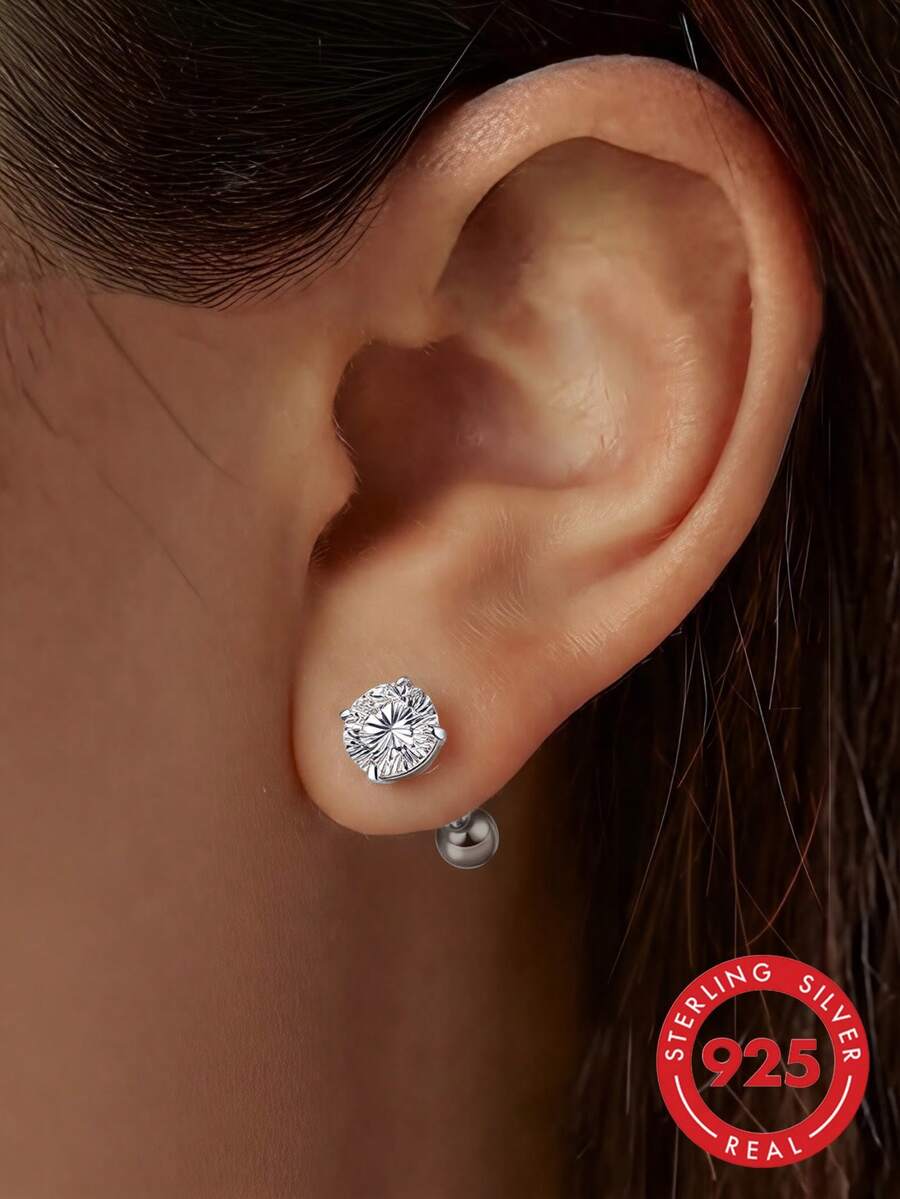 ELSEDES 1 Pair 925 Sterling Silver Cubic Zirconia Stud Earrings, Showcase Fashion Charm, Quality Jewelry, Suitable For Women's Daily, Party, Anniversary Outfit - Silver - View 1