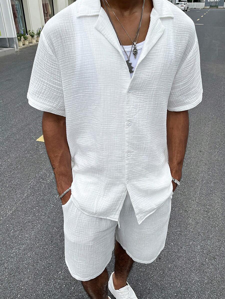 Men's Solid Color Single-Breasted Short Sleeve Shirt And Pocket Shorts Set - White - View 1