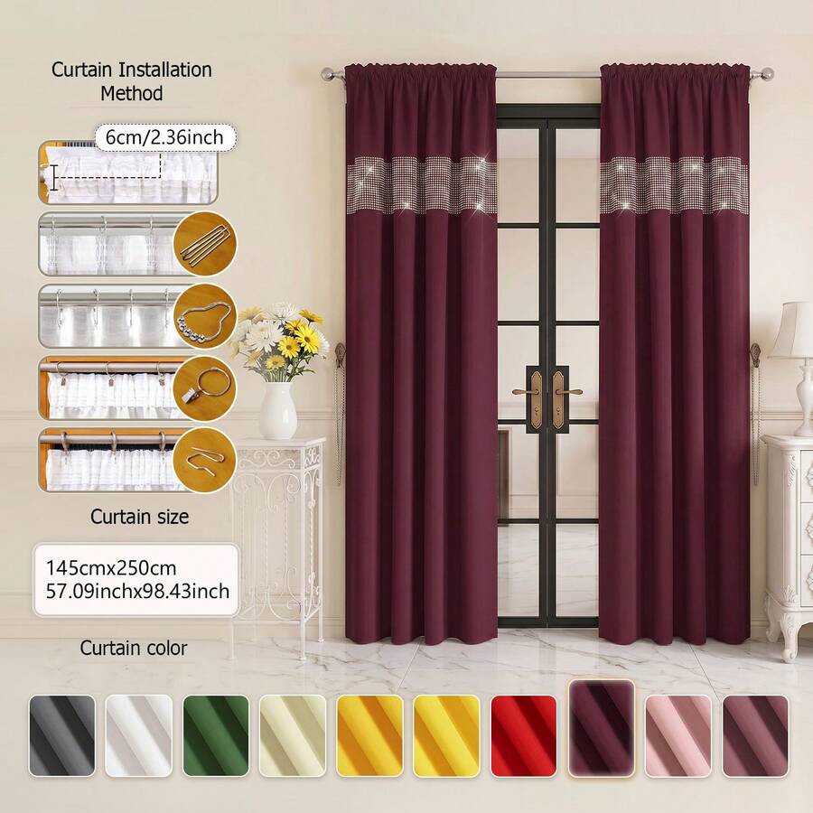 FLYINGCURTAINS Modern Plaid Patchwork Thermal Sunscreen Curtain With Window Rod Bag Style Light Translucent Privacy Window Screen, Farmhouse Style Home Decor Curtain - Red Violet - View 1