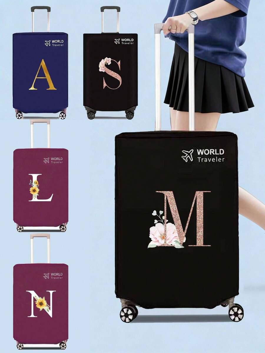 1pc Non-Stretch Non-Woven Fabric Luggage Protective Cover Suitable For 20-30 Inch Trolley Case, Anti-Scratch Luggage Protector Cover With Rose Gold Letter Pattern, Travel Accessory Essential For Back To School - Black - View 1