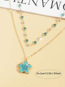 Cool-Toned Double Layer Stacked Necklace For Women, Lake Blue Flower Pendant Design, Niche Exquisite Summer Collarbone Chain - Multicolor - View 4