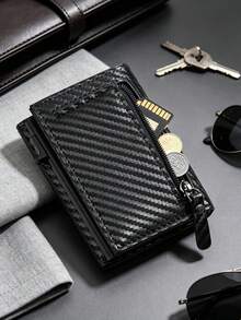 3/1pc Men's Carbon Fiber PU Pop‑Up Wallet, Zipper Coin Pocket Trifold Purse, Multi‑Card Slots Slim Purse For Business Daily Use - Multicolor - View 3