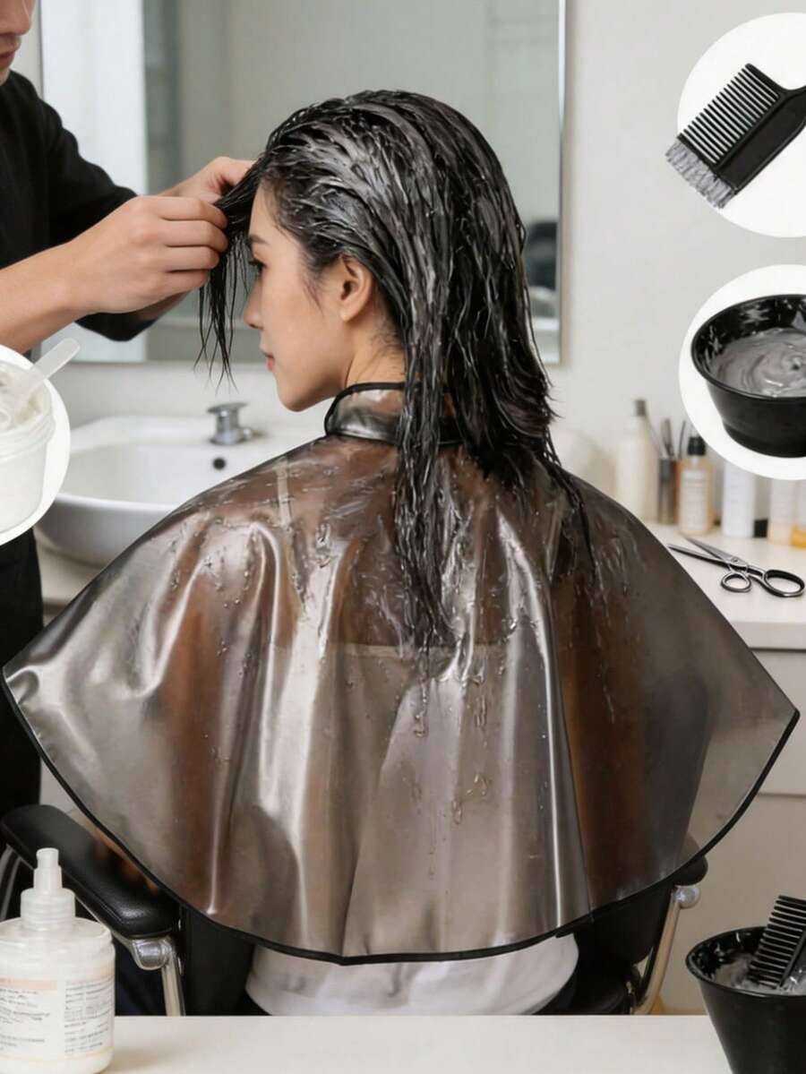 1pc Transparent TPU Professional Waterproof Hair Dyeing Cape, Stand Collar Fits Neck, Dye-Resistant, Washable, Essential Hair Styling Tool For Salon And Home Hairdressers, Bathroom Accessory, Bathroom Decor, Travel Essential, Holiday Essential, Gift For Women, Back To School, Christmas Gift, Home Supplies, Christmas, Halloween Decor - Multicolor - View 1