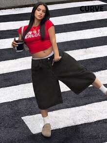 Celana Pendek Denim Wanita Ukuran Besar Gaya Jalanan Eropa dan Amerika Terbaru, Pinggang Sedang, Tidak Melar, Kasual, Warna Hitam - Hitam - View 1
