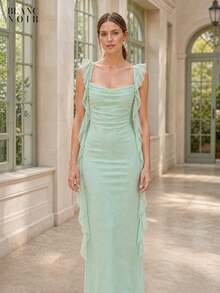Ellow| Women's Elegant Yellow Sequin Mesh Ruffle Trim Bodycon Maxi Dress - 淺綠色 - 查看 7