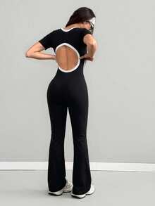 VENORA Contrast Trim Square Neck Cut Out Back Short Sleeve Flare Jumpsuit, Slim Fit High Waist Bodycon Jumpsuit For Daily Sports,Fall,Gym - Black - View 7