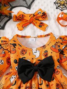 Baby Girl Autumn/Winter Halloween Orange Cute Ghost Pumpkin Spider Web Pattern Flutter Sleeve Long Sleeve Patchwork Black Big Bow Dress And Matching Headband, Suitable For Halloween Holiday Wear - Multicolor - View 3