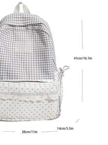 1pc Minimalist Large Capacity Polka Dot Plaid Backpack School Bag Suitable For Travel, Outing, Shopping, Vacation - Grey - View 4