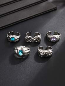 5 piezas de anillos de metal geométricos líquidos de moda hip hop punk, con incrustaciones de strass, anillos ajustables para los nudillos - Plateado - Ver 4