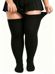 Plus Size Thigh High Socks For  - Extra Wide & Long Knit Thigh High Socks, Cozy - Black - View 1