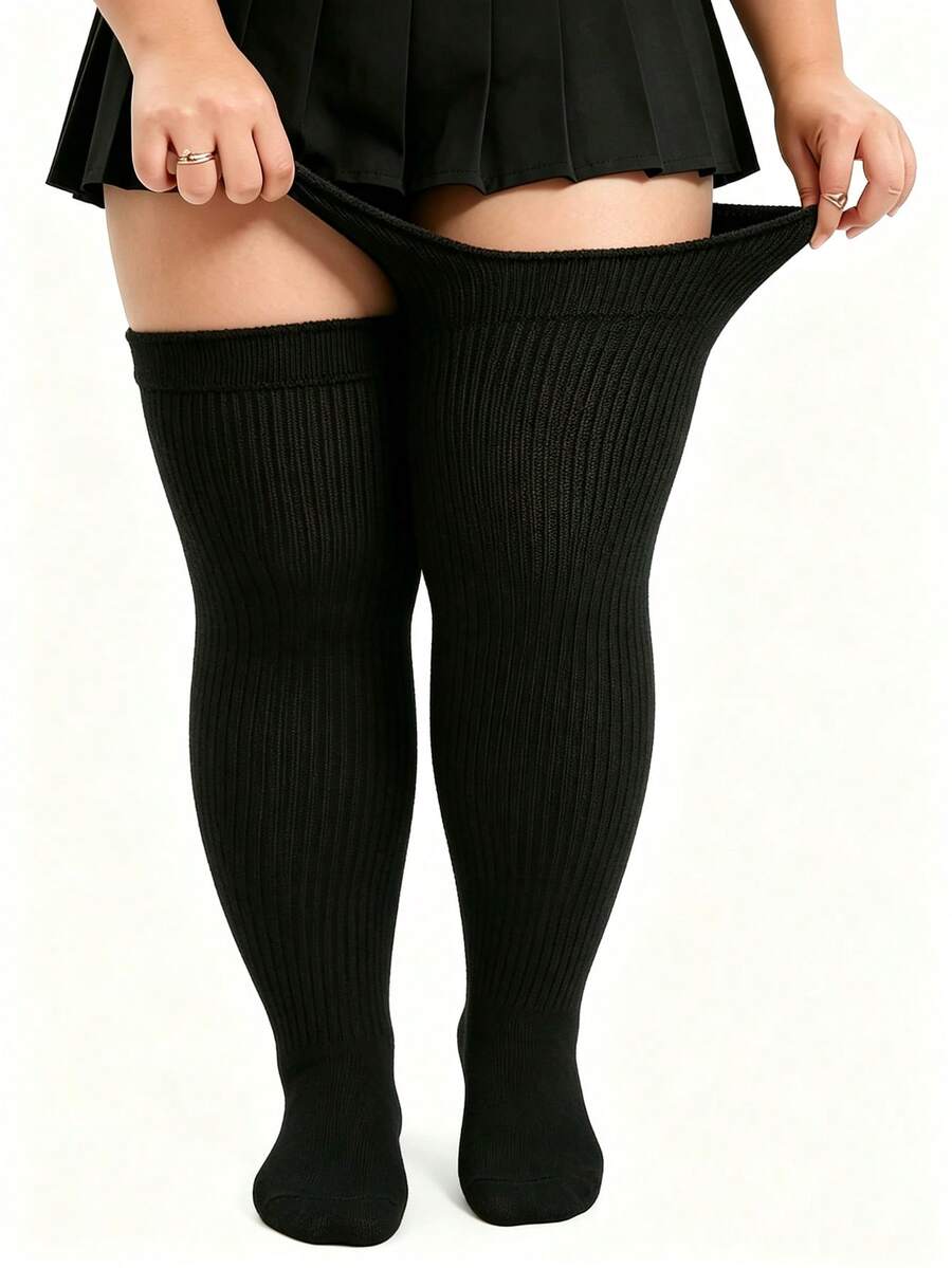 Plus Size Thigh High Socks For - Extra Wide & Long Knit Thigh High Socks, Cozy - Black - View 1