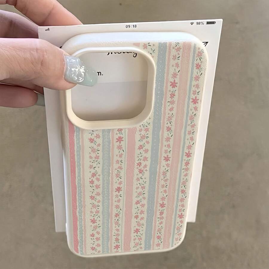 1pc White Matte Minimalist Lens Protection Fresh Floral Stripe Pattern Phone Case Personalized For IPhone 16 Pro Max/17/16/15/14 Plus/13/12/11/Air And Series - Multicolor - View 1