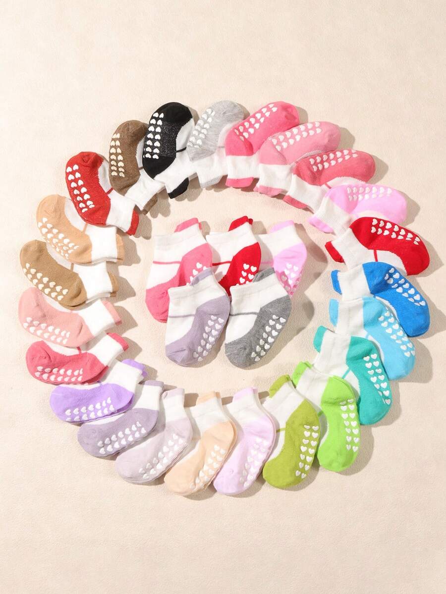 10 Pairs Baby Toddler Contrast Patchwork Short Socks, Vibrant Colorful Pastel Rainbow Heart Pattern Non-Slip Silicone Grip, Soft Elastic Breathable Low-Cut Anti-Slip Socks, Suitable For Indoor Floor Walking, Playing And Daily Casual Wear - Multicolor - View 1