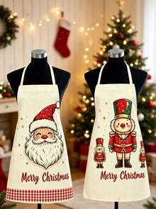1pc Christmas Print Kitchen Apron, Santa Claus & Nutcracker Pattern Sleeveless Cooking Apron, Red Plaid Hem Waterproof Oil-Proof, Christmas Home Kitchen Decor Gift - Multicolor - View 1
