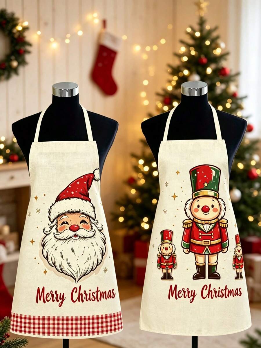 1pc Christmas Print Kitchen Apron, Santa Claus & Nutcracker Pattern Sleeveless Cooking Apron, Red Plaid Hem Waterproof Oil-Proof, Christmas Home Kitchen Decor Gift - Multicolor - View 1