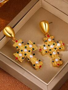 1pair Y2K Colorful Cubic Zirconia Chunky Cross Shape Pendant Earrings For Women,Luxury Vintage Earring Jewelry For Wedding/Vacation/Christmas Day - Large Cross Earrings - View 4