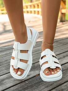 Women's Black Thick Sole Hook-And-Loop Sandals, Mid-Heel Casual Sport Walking Summer Chunky Heel Soft Bottom Versatile Wedge Roman Slide Sandals - White - View 8
